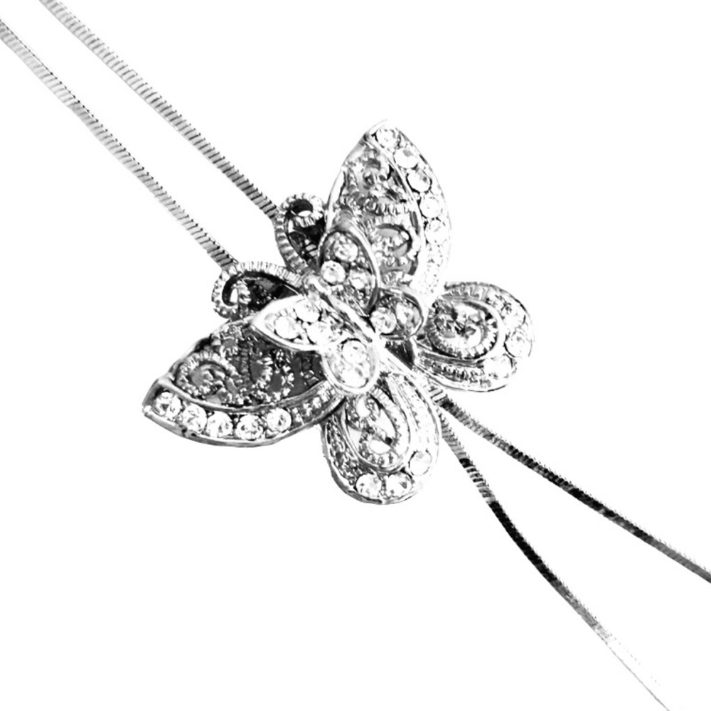 Crystal Butterfly Lariat Necklace Adjustable Silver
